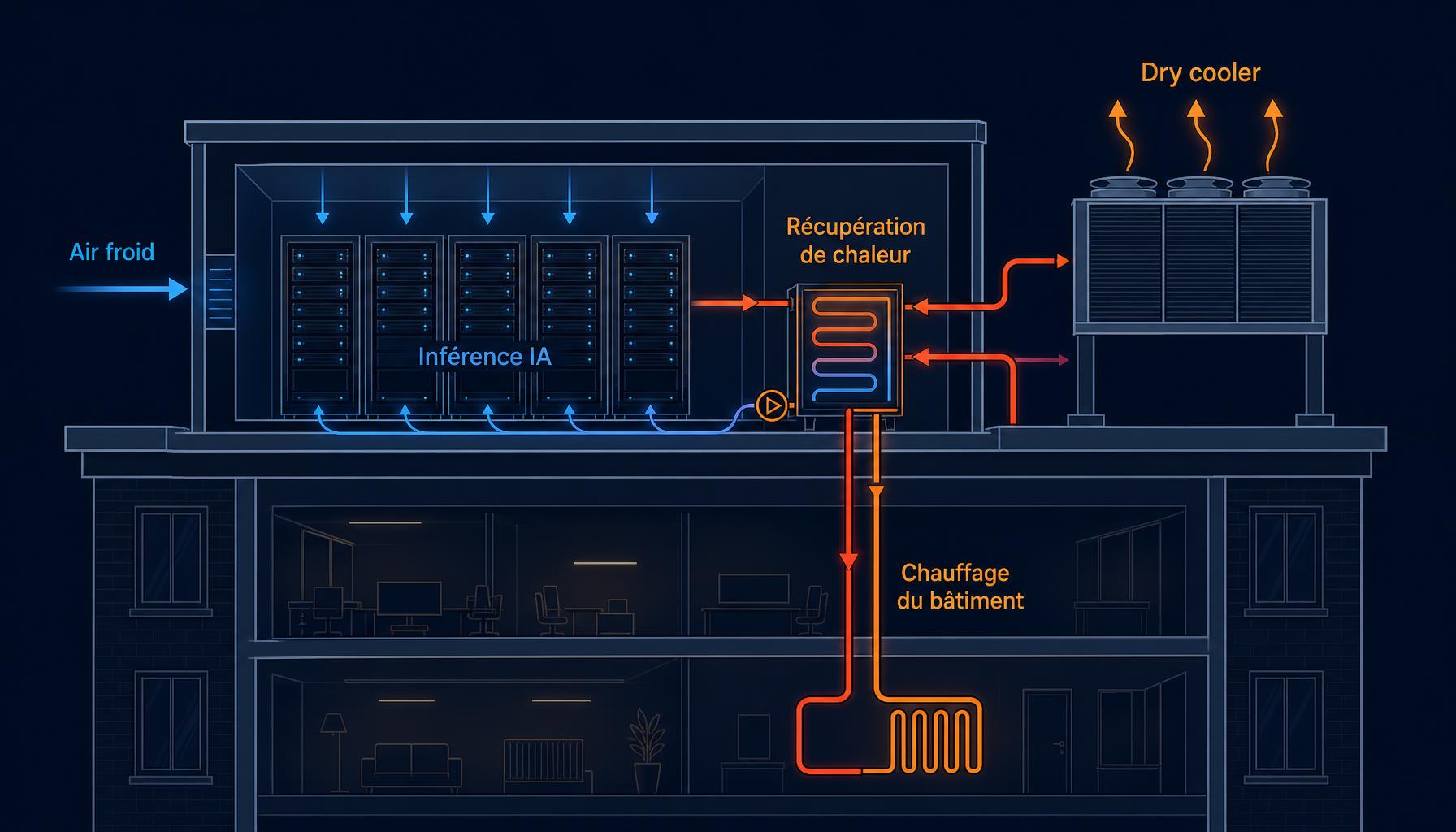 Schéma conceptuel d'une unité INFERMIQ : inférence IA sur toit, récupération de chaleur et chauffage du bâtiment